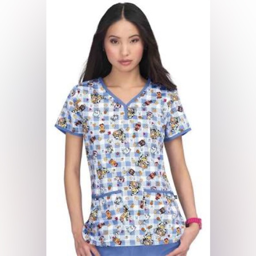 TOKIDOKI Blue Gingham and Characters Scrub Top, Sz S